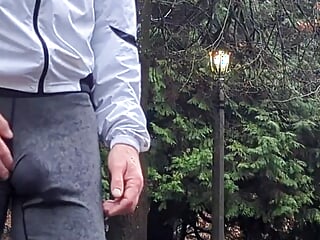 Rainy Run In Spandex. Watch Dad Freeballing And Showing Off My Bulging Dickprint In The Rain free video